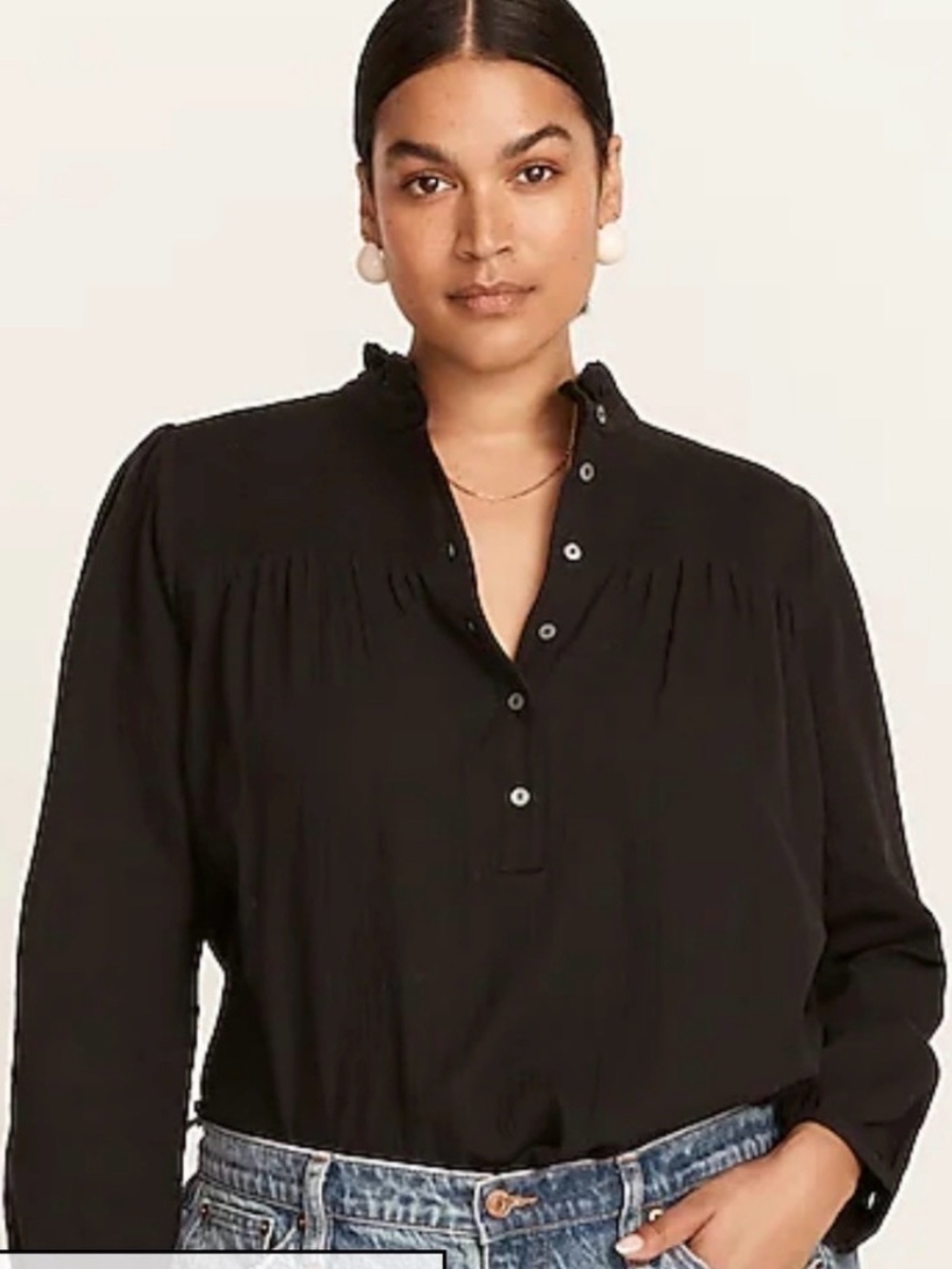 J. Crew Black smocked Ruffle-Yoke Long Sleeve Blouse women’s Large